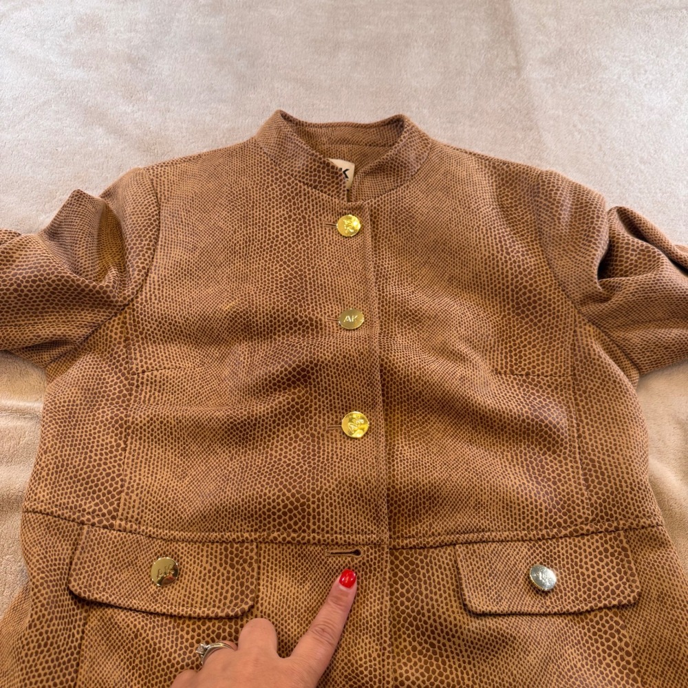 Faux Reptile Snakeskin Long Statement Coat Gold Buttons Brown Chic Sz M *FLAW - Picture 4 of 13